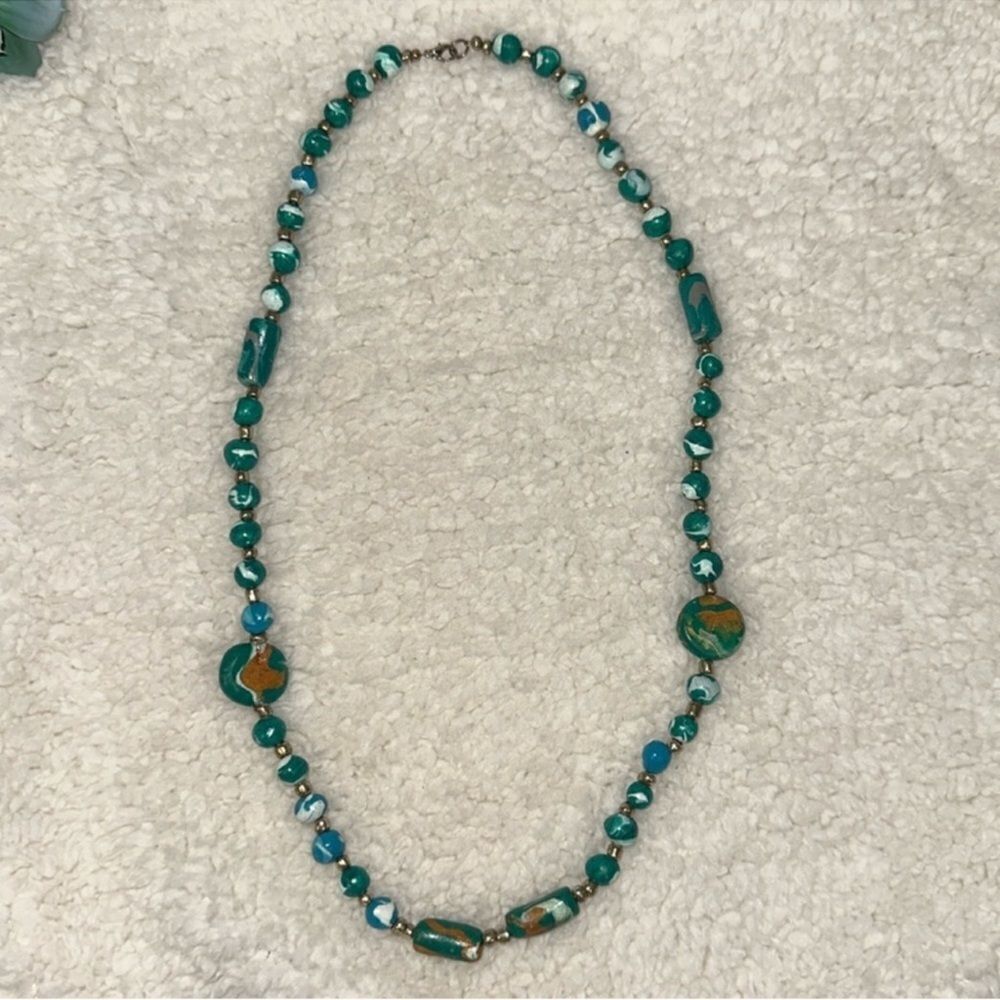 BLUE GREEN GOLD MARBLE TONES WOODEN NECKLACE